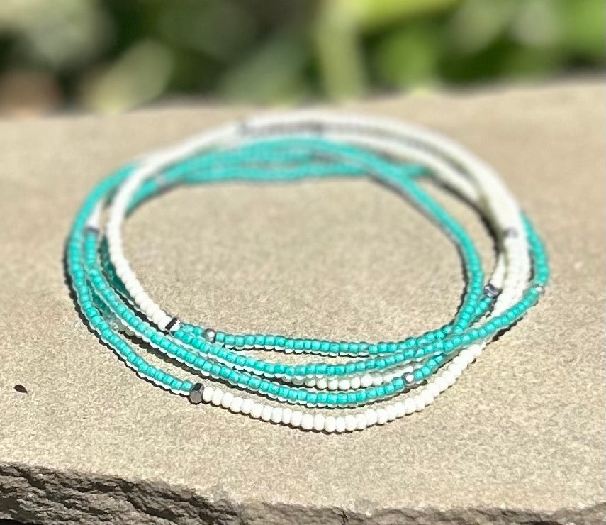 Translucent Turquoise & White Color Vibes Silver-Sprinkle Beaded Boho Wrap Bracelet