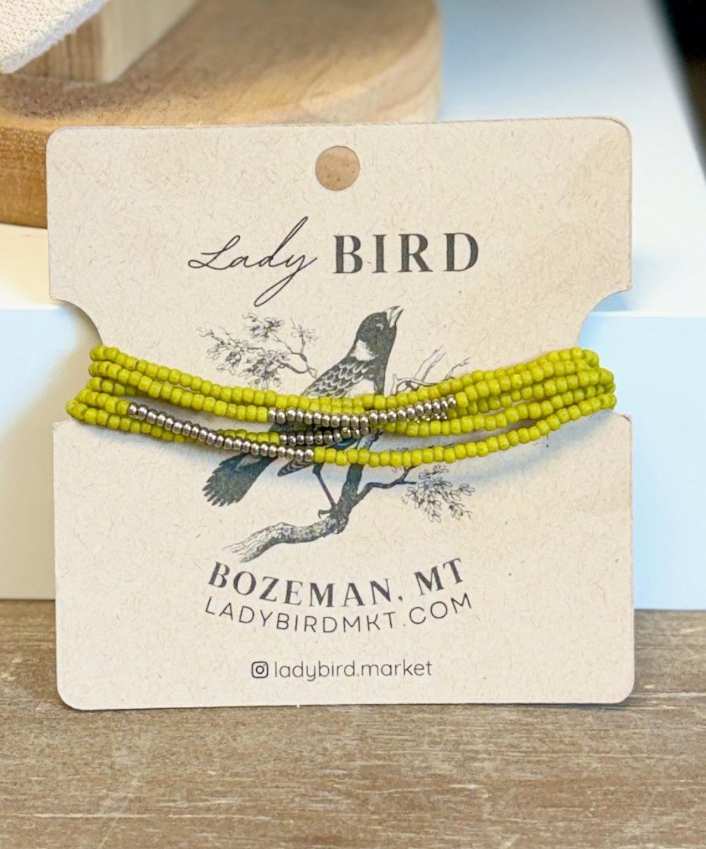 Wasabi Green & Silver Striped or Sprinkled Seed Bead Wrap Bracelet or Necklace
