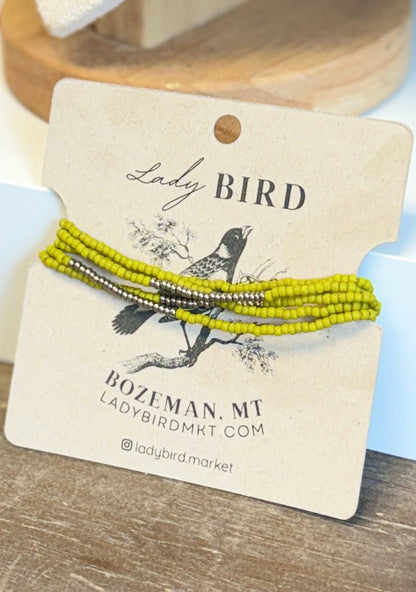 Wasabi Green & Silver Striped or Sprinkled Seed Bead Wrap Bracelet or Necklace