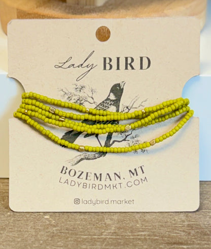 Wasabi Green & Silver or Gold Striped or Sprinkled Seed Bead Wrap Bracelet or Necklace