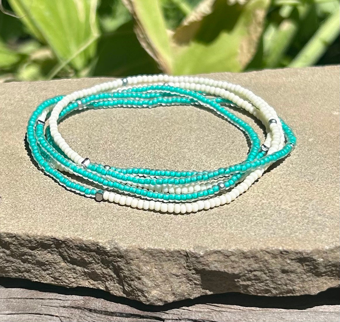 Double-Up 2-Piece Translucent Turquoise & White Silver-Sprinkle Beaded Wrap Bracelet