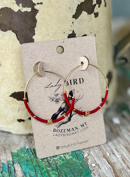 Scarlet Red & Gold Beaded Hoop Earrings