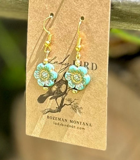 Turquoise & Gold Etched Wild Rose Flower Earrings
