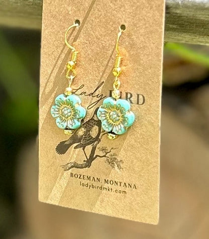 Light Turquoise & Gold Etched Wild Rose Flower Earrings