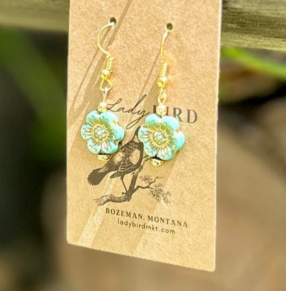 Light Turquoise & Gold Etched Wild Rose Flower Earrings