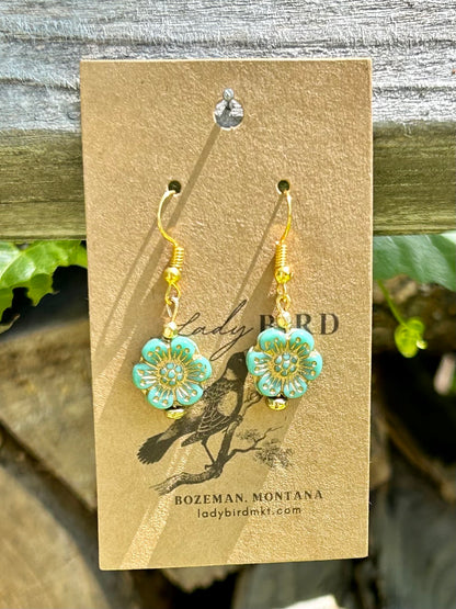 Light Turquoise & Gold Etched Wild Rose Flower Earrings