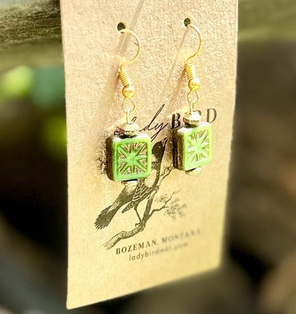 Green & Gold Star-Flower Etched Glass Earrings