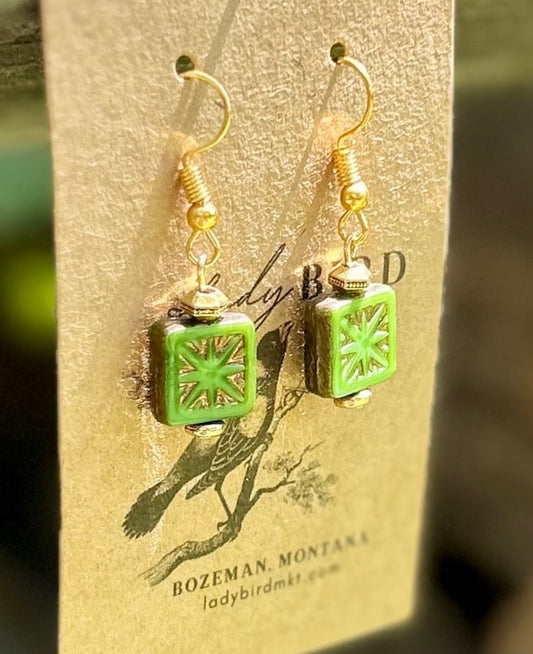 Green & Gold Etched Star-Flower Earrings