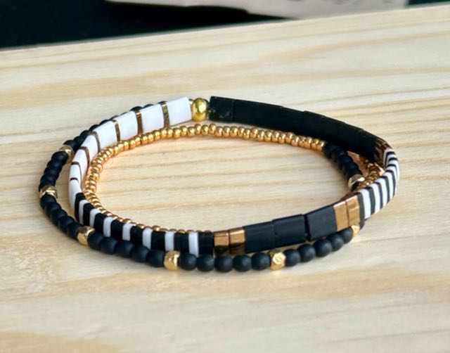 Black, White & Gold Striped Tila Bead Stacked Bracelet Set