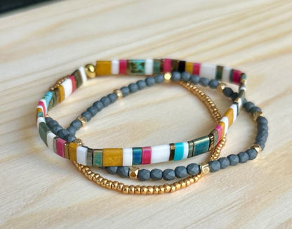 Beach Bum with Grey Stretchy Tila Bead Bracelet Set