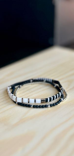 Black, White & Silver Striped Tila Bead Stacked Bracelet Set