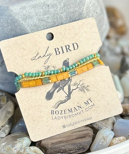 Sunflower & Moss Green Tila Bead Stacked Bracelet Set | Handmade Boho Stretch Wrap in Silver or Gold