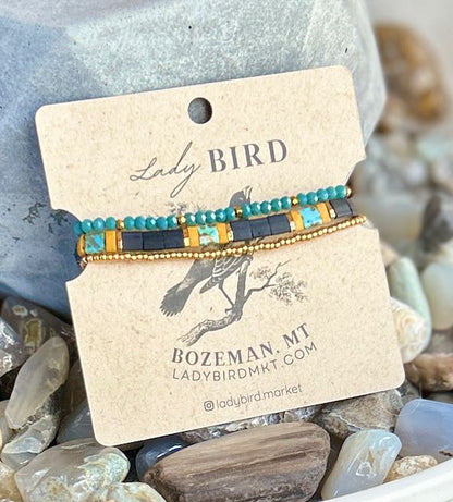 Jet Black & Sunflower Yellow Tila Bead Stacked Bracelet Set – Handmade Boho Stretch Bracelets with Silver or Gold Accents