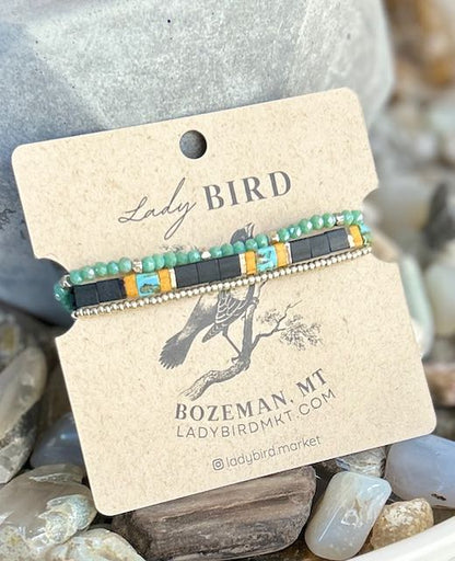 Jet Black & Sunflower Yellow Tila Bead Stacked Bracelet Set – Handmade Boho Stretch Bracelets with Silver or Gold Accents