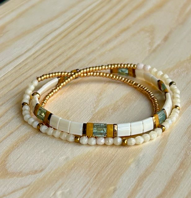 White, Yellow & Mossy Green Tila Bead Stacked Wrap Bracelet Set