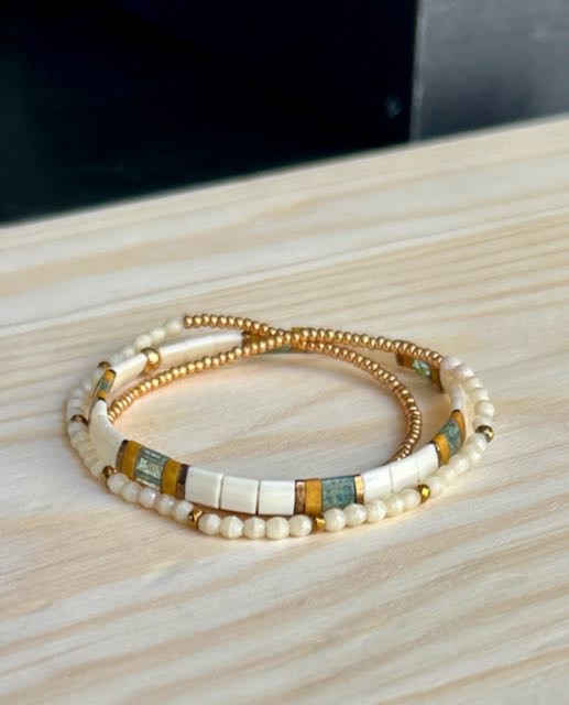 White, Yellow, Green with White Tila Bead Stacked Wrap Bracelet Set