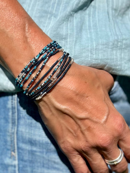 Double-Up 2-Piece Navy Blues Mix Silver-Sprinkle Beaded Wrap Bracelet