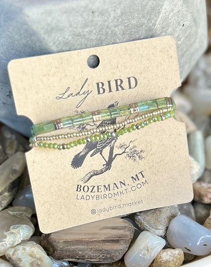 Mossy Greens & Gold or Silver Stretchy Tila Bead Stacked Bracelet Set