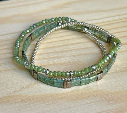 Mossy Greens & Gold or Silver Stretchy Tila Bead Stacked Bracelet Set