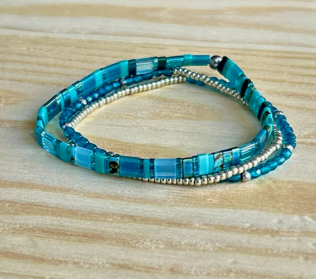 Sea Glass Mixed Blue Tila Bead Stacked Bracelet Set