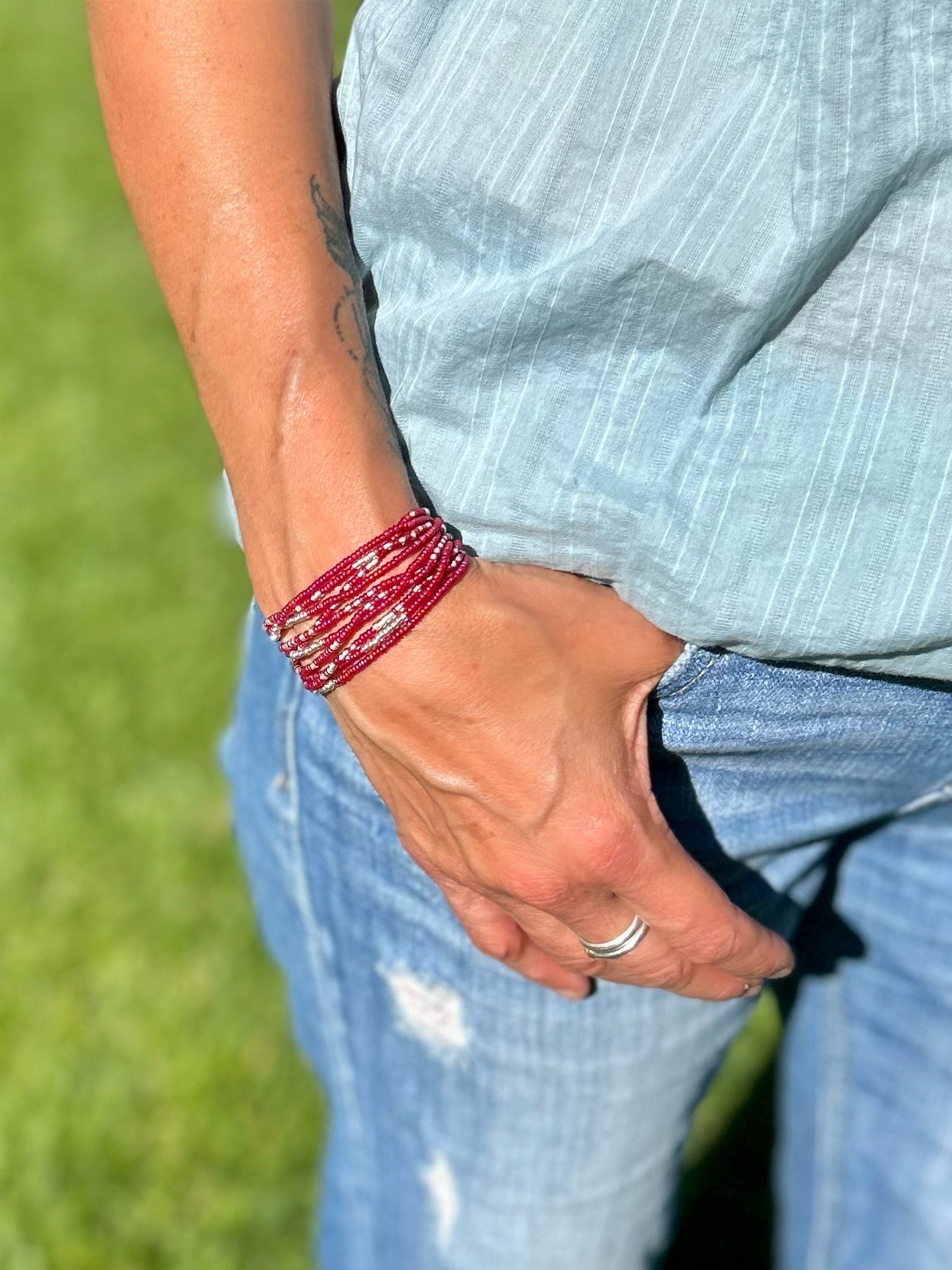 Magenta Silver-Sprinkle Beaded 5-Wrap Bracelet