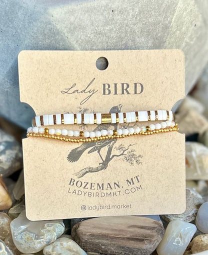 Essential White & Gold or Silver Tila Bead Stacked Bracelet Set