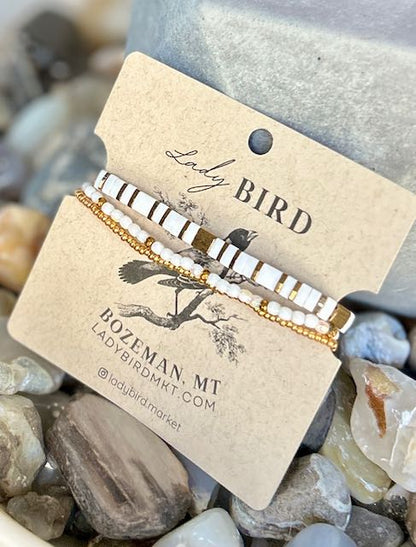 Essential White & Gold or Silver Tila Bead Stacked Bracelet Set