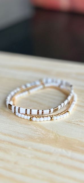 Essential White & Gold or Silver Tila Bead Stacked Bracelet Set