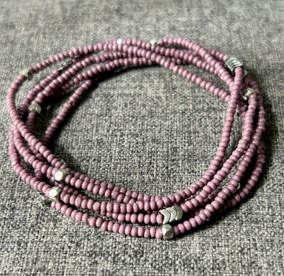 Silver Arrow & Lilac Boho Beaded 5-Wrap Bracelet