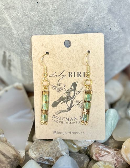 Mossy Green & Gold or Silver Tila Bead Dangle Earrings