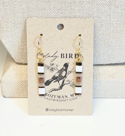 Bright White & Pale Lilac Tila Bead Dangle Earrings in Silver or Gold