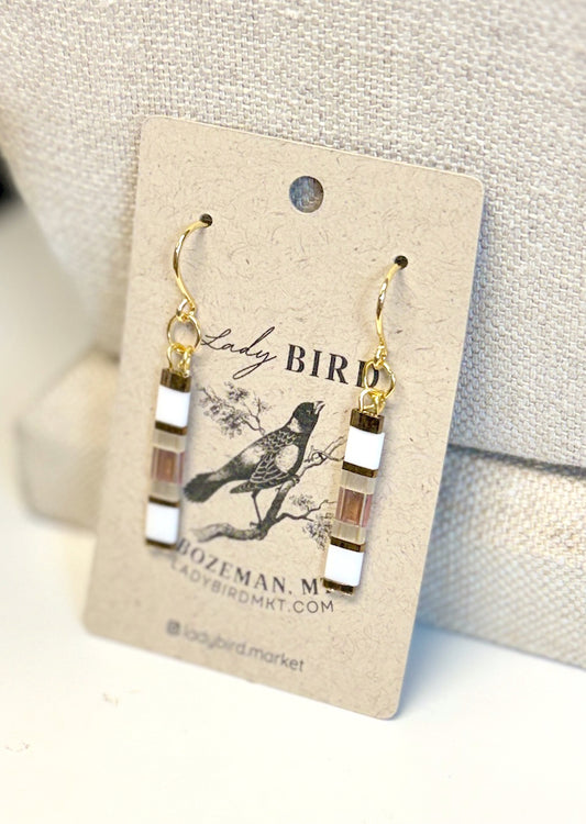 Bright White & Pale Lilac Tila Bead Dangle Earrings in Silver or Gold