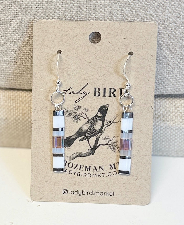 Bright White & Pale Lilac Tila Bead Dangle Earrings in Silver or Gold
