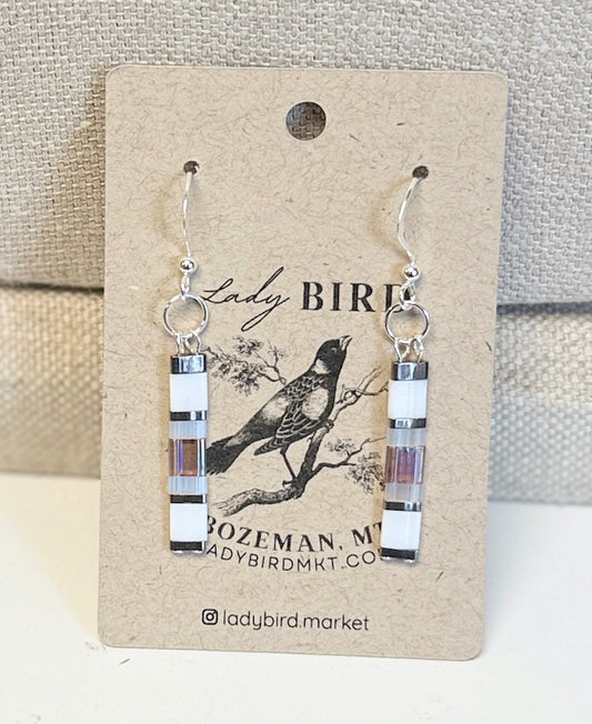 Bright White & Pale Lilac Tila Bead Dangle Earrings in Silver or Gold