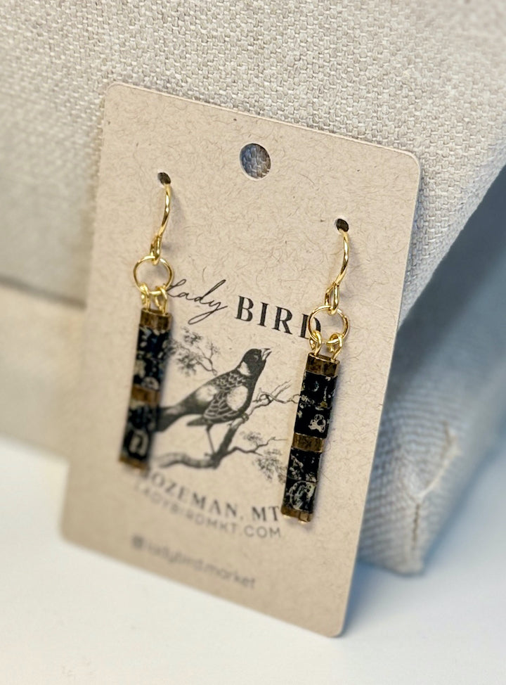 Marbled Black & Silver or Gold Tila Bead Dangle Earrings