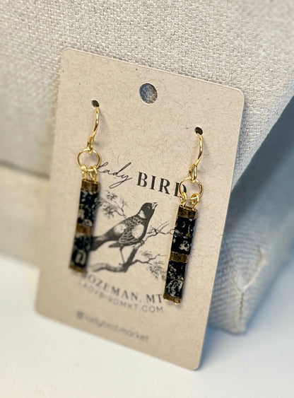 Marbled Black & Silver or Gold Tila Bead Dangle Earrings