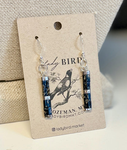 Marbled Black & Silver or Gold Tila Bead Dangle Earrings