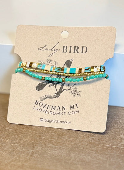 Blue Lagoon Gold or Silver Stretchy Tila Bead Bracelet Stack