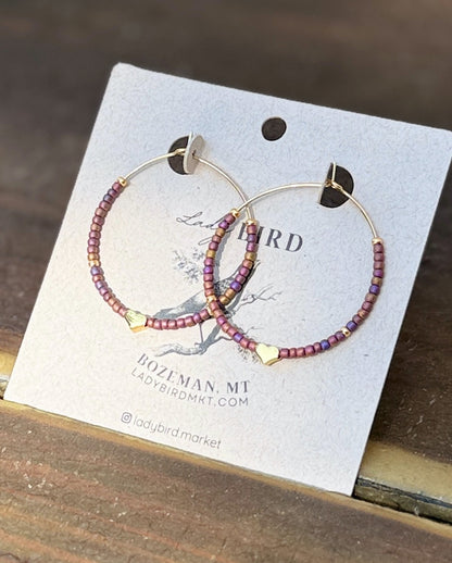 Gold-Hearted Copper Rainbow Boho Style Seed Bead Hoop Earrings
