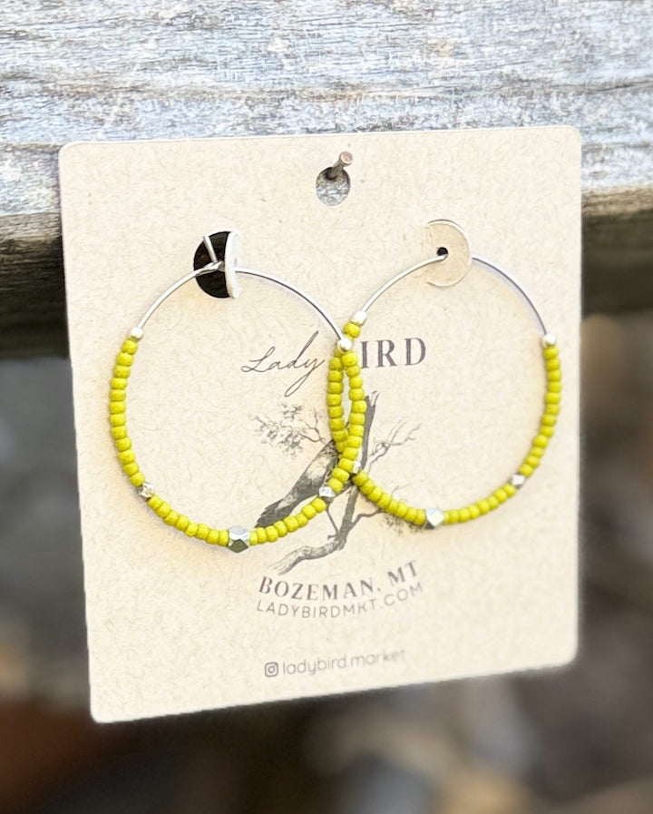 Wasabi Green & Silver or Gold Boho Style Seed Bead Hoop Earrings