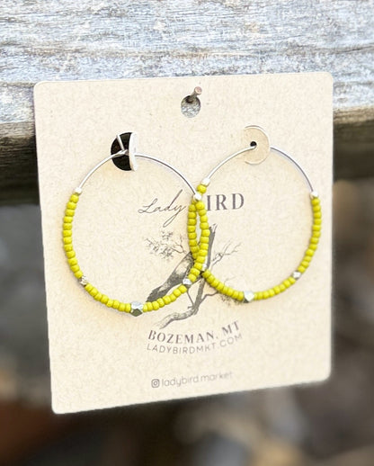 Wasabi Green & Silver or Gold Boho Style Seed Bead Hoop Earrings