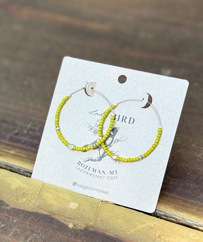 Wasabi Green & Silver or Gold Boho Style Seed Bead Hoop Earrings