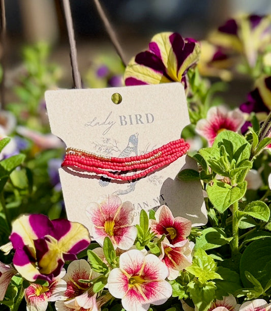 Cherry Red Gold or Silver Striped Beaded Wrap Bracelet or Necklace