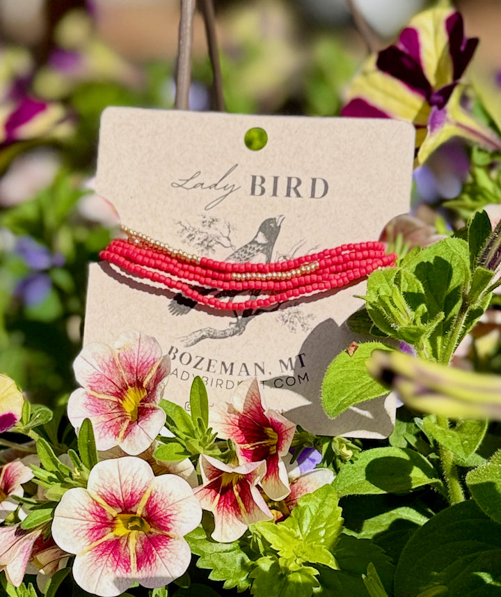 Cherry Red Gold or Silver Striped Beaded Wrap Bracelet or Necklace