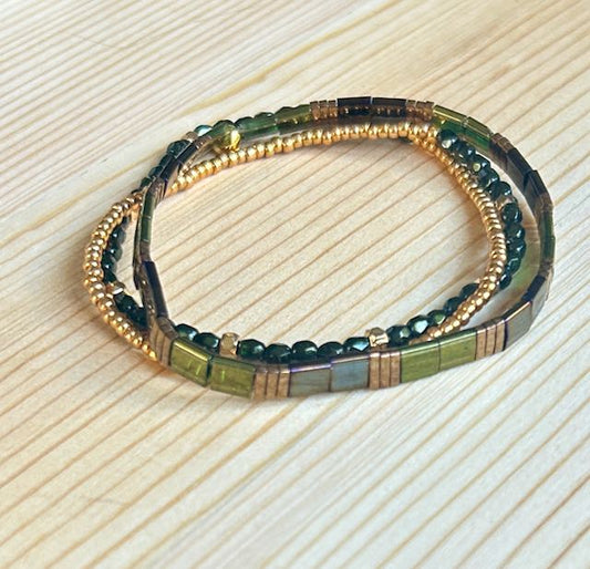 Shiny Pine Green & Black Tila Bead Stacked Bracelet Set