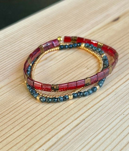 Holiday Shiny Bright Red & Black Tila Bead Stacked Bracelet Set