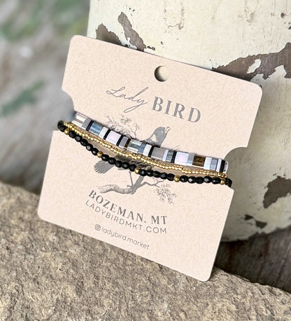 Midnight Tuxedo Gold or Silver Stretchy Tila Bead Bracelet Stack