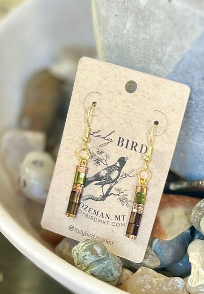 Shiny Pine Green & Gold Tila Bead Dangle Earrings