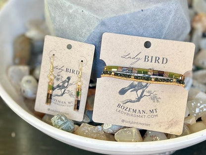 Shiny Pine Green & Gold Tila Bead Dangle Earrings