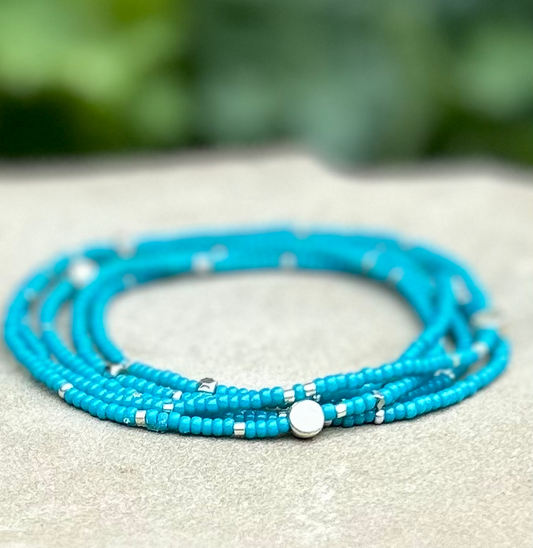Turquoise-Azure Blue Silver-Sprinkle Beaded 5-Wrap Bracelet